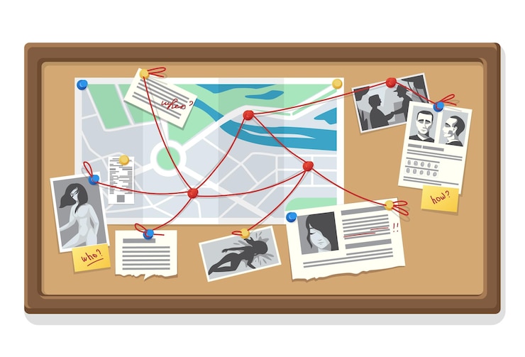 Vector detective board cartoon police evidence collection with map notes and traces pinned photos of victims and suspects to blackboard murder investigation and research organization vector illustration