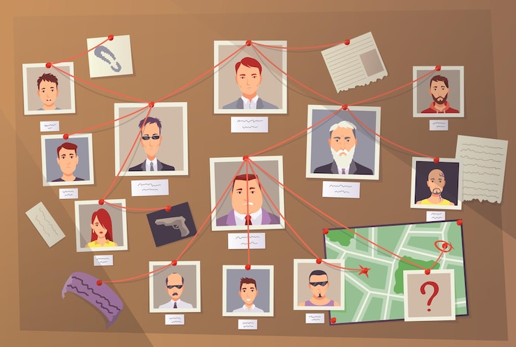Vector detective board crime accident investigation or evidence board cops crime investigation plan board