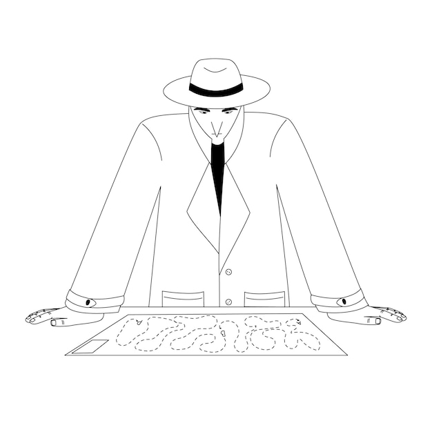 Detective in cloak and hat investigates case, looks at map, cartoon character, flat design