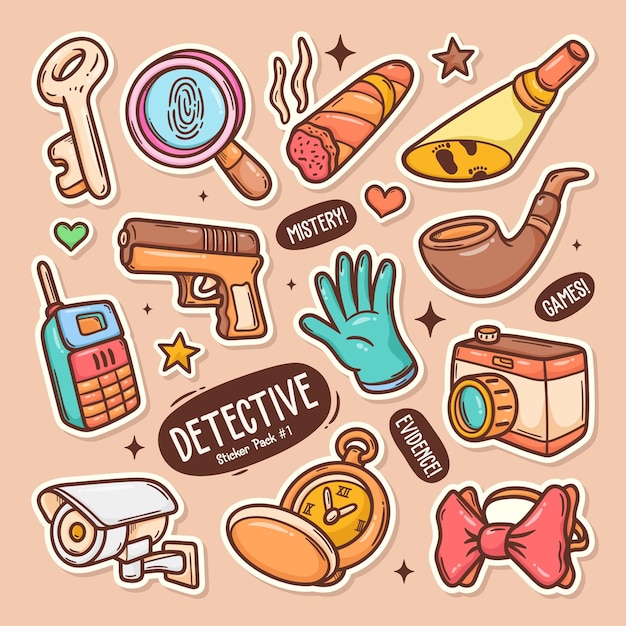 Detective Cute Doodle Vector Sticker Collection