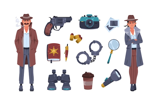 detective equipment cartoon police agent character and spy tools for investigation criminal case and evidence search secret observation vector flat set