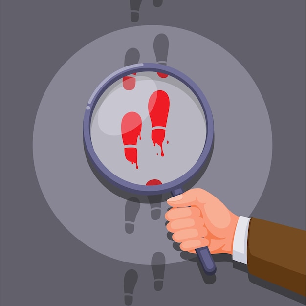 Detective hand with magnifier glass find clue on foot print criminal investigation scene vector