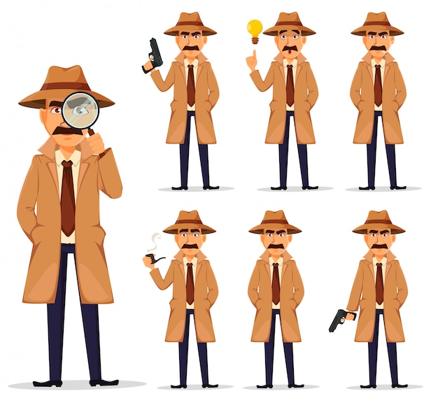 Vector detective in hat and coat, set