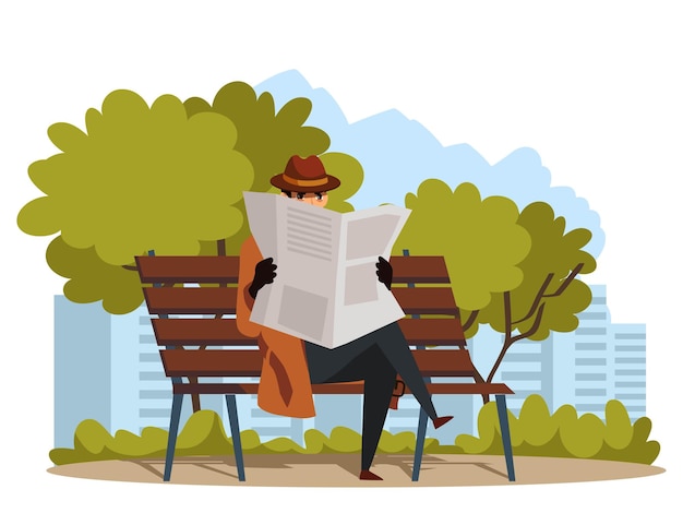 Detective holding paper newspaper in hands to investigate and search criminals cartoon professional spy in trench coat and hat hiding in city park for surveillance man agent sitting on bench