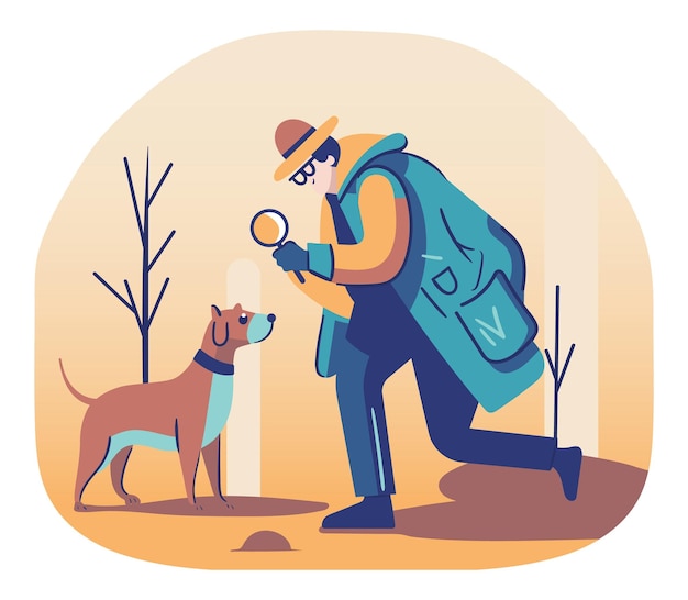 Vettore detective che indaga nella giungla illustrazione vettoriale con lente d'ingrandimento e cane