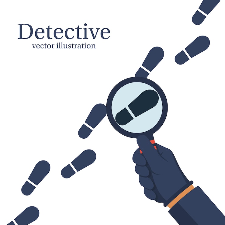 Vector detective is investigating human in gloves holds a magnifying glass vector illustration flat design isolated on white background to follow in the footsteps investigation concept