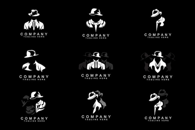 Detective man logo design mafia detective moda tuxedo e cappello illustrazione vettore blackman busi