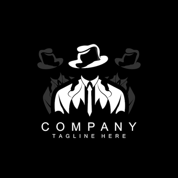 Detective man logo design mafia detective fashion tuxedo e cappello illustrazione vettore blackman businesman icona