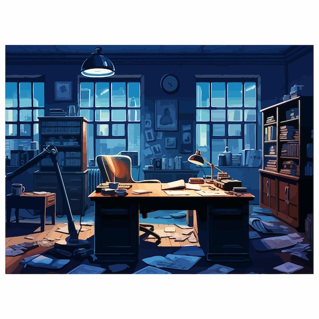 Vector detective_office_at_night_vector_illustrated