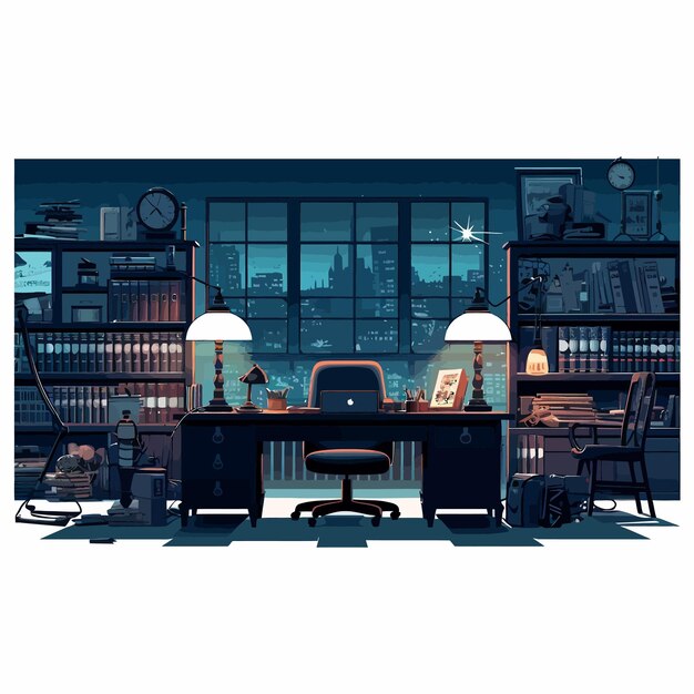 Vector detective_office_at_night_vector_illustrated