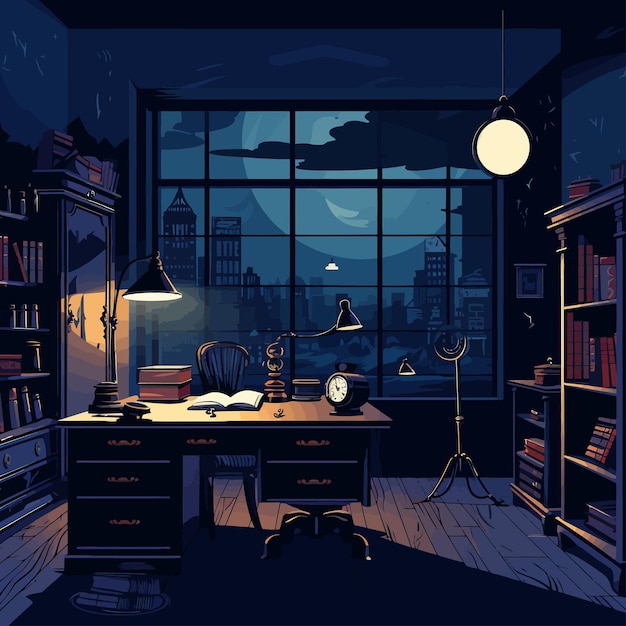 Vector detective_office_at_night_vector_illustrated