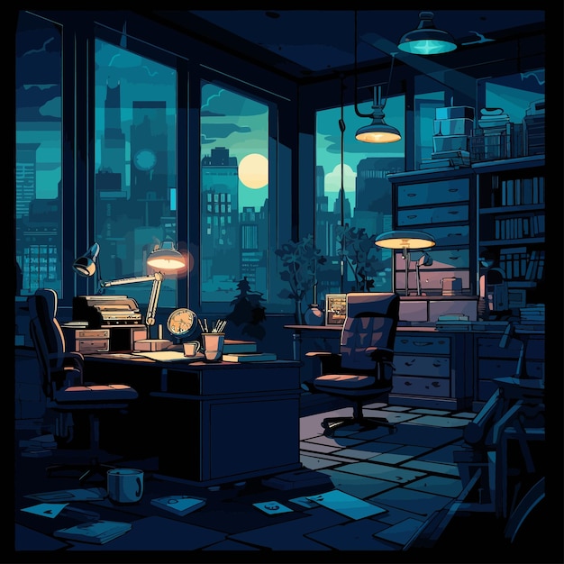 Vector detective_office_at_night_vector_illustrated