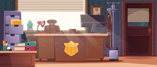 Вектор Интерьер офиса детектива кабинет следователя с доской улик инспектора полицейского участка на рабочем месте в плоском стиле векторная иллюстрация