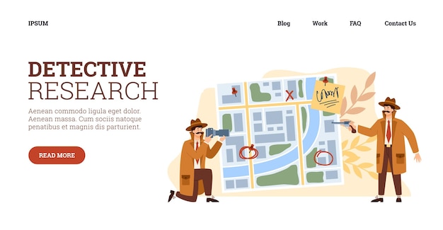 Vector detective research and crime investigation website flat vector illustration