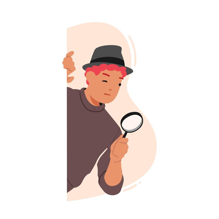 Vector detective secret service agent investigator or business competitor peeking from behind of wall with magnifying glass
