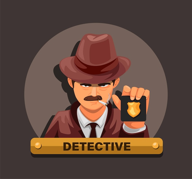 Detective showing police badge. criminal case investigation agent character concept in cartoon