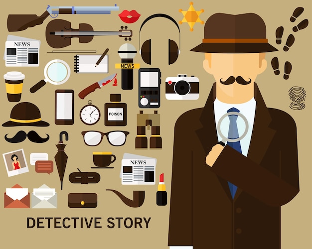 Detective story concept background. Flat icons.