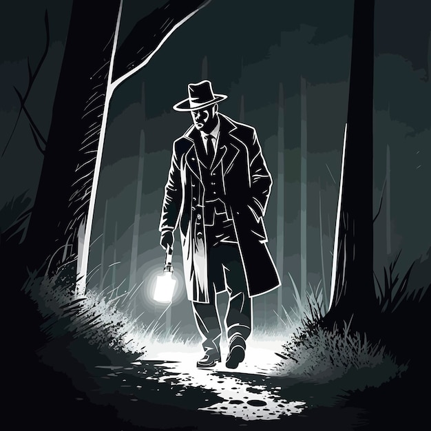 Vector detective with flashlight at crime scene illustration