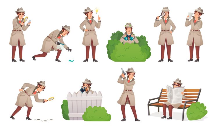 Vector detective woman cartoon sleuth mystery girl female inspector with magnifying glass look evidence secret agent character police surveillance detectice ingenious vector illustration