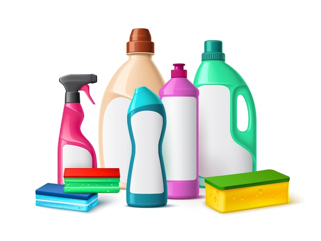 洗剤ボトルの組成。現実的な家庭用化学洗浄製品グループ、プラスチックカラーパッケージ、ランドリー、ブランクラベル付き家庭衛生パッケージベクトル3d分離コンセプト
