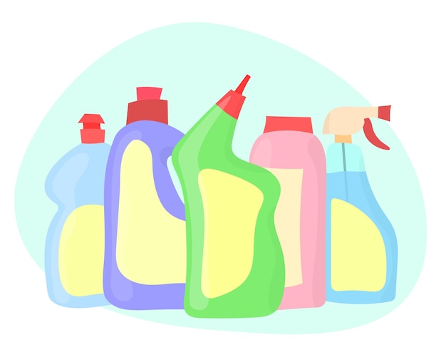 Vector detergent bottles household chemicals set isolated. colorful bottles of various shapes.vector illustration in cartoon style.