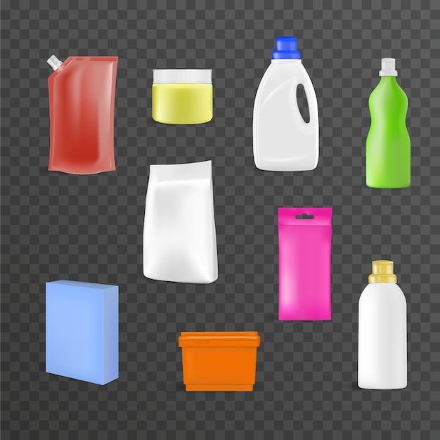 Бутылки с моющим средством упаковывают реалистичный набор иконок с красочными контейнерами для хранения бытовой химии на прозрачном фоне векторной иллюстрации