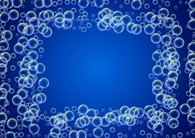 세제 거품. 비누 목욕 거품과 욕조용 비눗물. 샴푸. 최소한의 거품과 스플래시. 현실적인 물 프레임 및 테두리입니다. 3d 벡터 일러스트 플라이어입니다. 파란색 다채로운 액체 세제 거품