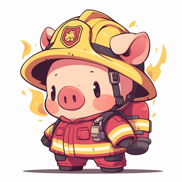 A determined pig firefighter cartoon style