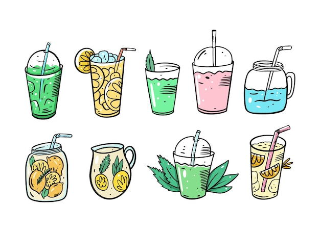 Detox-cocktails instellen. limonade of zomercocktails. biologisch product. cartoon stijl. illustratie. geïsoleerd op witte achtergrond.