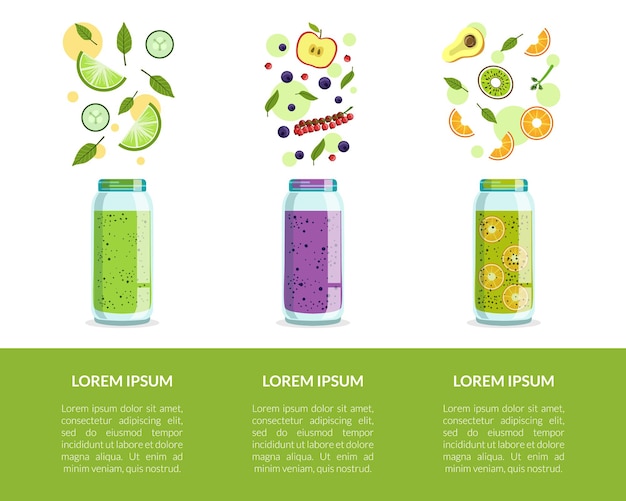 Detox Drinks Banner Template with Fresh Smoothies and Space for Text Vector Illustration