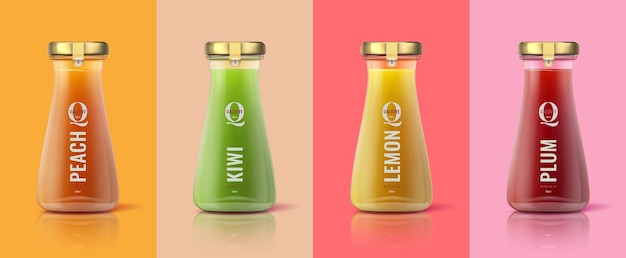 Detox sapflessen. Realistische glazen pot mockup-sjabloon met kleurrijke gezonde drankjes voor branding en reclame. Vector 3d geïsoleerde ontwerpadvertentiesjabloon