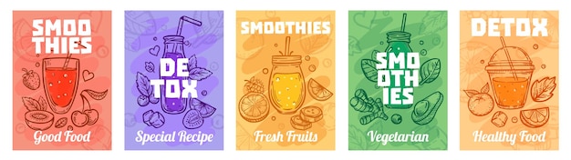 デトックススムージーポスター。おいしいスムージー、健康的なライフスタイルのためのジュース、カラフルなフレッシュジュースのイラストセット。