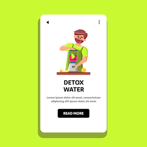 Detox Water Man Voorbereiden In Blender Tool Vector. Cook Boy Bereiden Verse Vitamine Detox Water Drinken Van Rijpe Vruchten In Elektronische Keukenapparatuur. Karakter Koken Web Platte Cartoon Illustratie