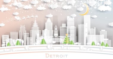 Detroit michigan city skyline in paper cut style with snowflakes moon and neon garland