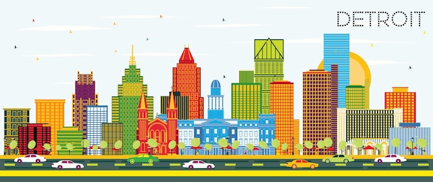 Vector detroit michigan city skyline with color buildings and blue sky. vector illustration. business travel and tourism concept with modern architecture. detroit cityscape with landmarks.