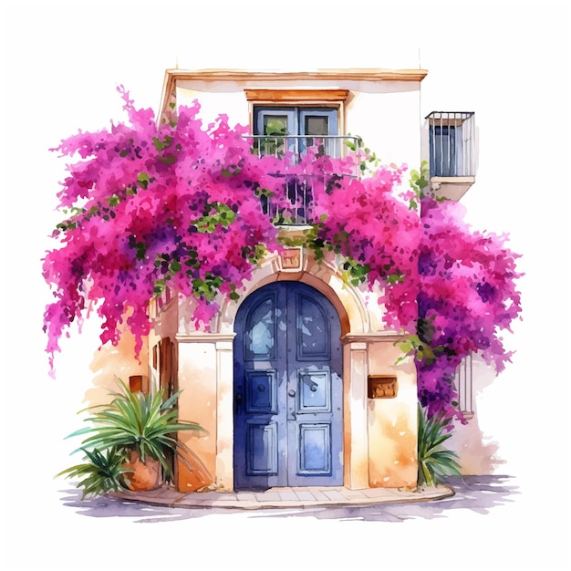 Deur omgeven door Bougainvillea bloem aquarel verf