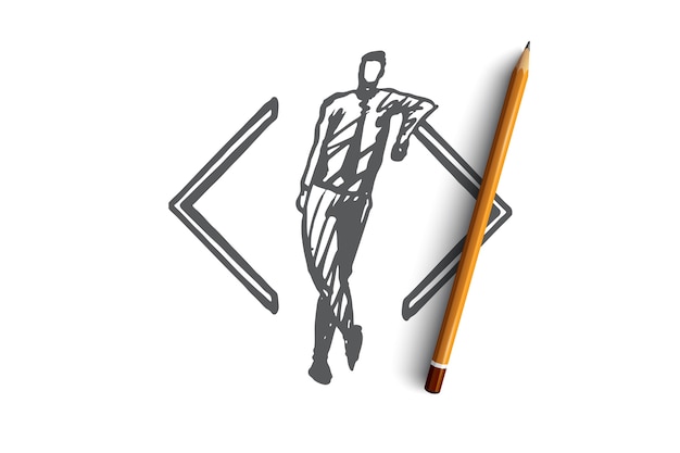 Develop, coding, software, programming, project concept. Hand drawn developer and symbol of code concept sketch. 