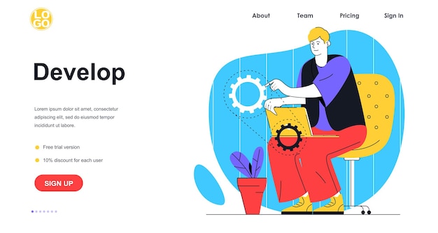 Develop software web banner concept. man developer programming and optimizes website, settings application, works at laptop, landing page template. vector illustration with people scene in flat design