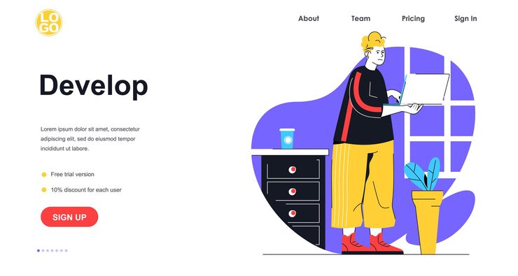 Vector develop software web banner concept. man programmer working on laptop, programming and coding website or application, landing page template. vector illustration with people scene in flat design