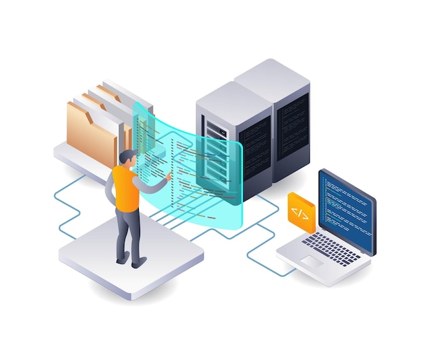 developer cloud data server hosting technology infographic illustration 3d flat isometric
