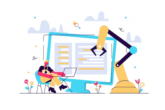 Developer at laptop and computer with open robotic soft. Open automation architecture, open source robotics soft, free development concept. Bright vibrant violet isolated illustration