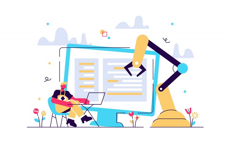 Vector developer at laptop and computer with open robotic soft. open automation architecture, open source robotics soft, free development concept. bright vibrant violet isolated illustration