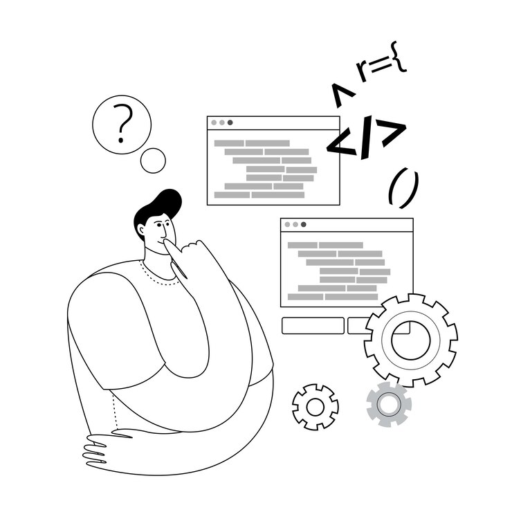 Vector a developer looks thoughtfully at his code and searches for an error