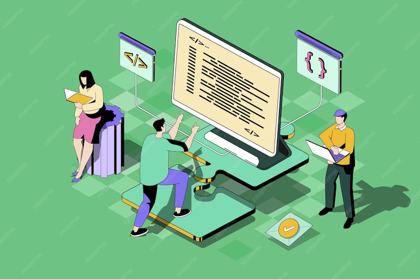 Premium Vector Developer team web concept in 3d isometric design