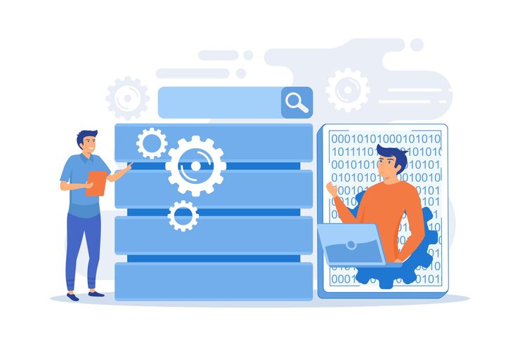 Vector 빅데이터 애플리케이션과 태블릿을 사용하는 개발자. 데이터 처리 소프트웨어, 데이터베이스 관리