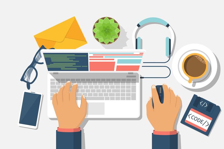 Vector developer web concept programmer write code for laptop software coding programming languages testing debugging web site search engine desktop web designer vector illustration flat design