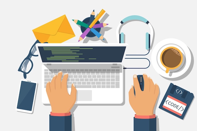 開発者 web コンセプト プログラマーは、ラップトップ ソフトウェア コーディング プログラミング言語テスト用のコードを記述します。