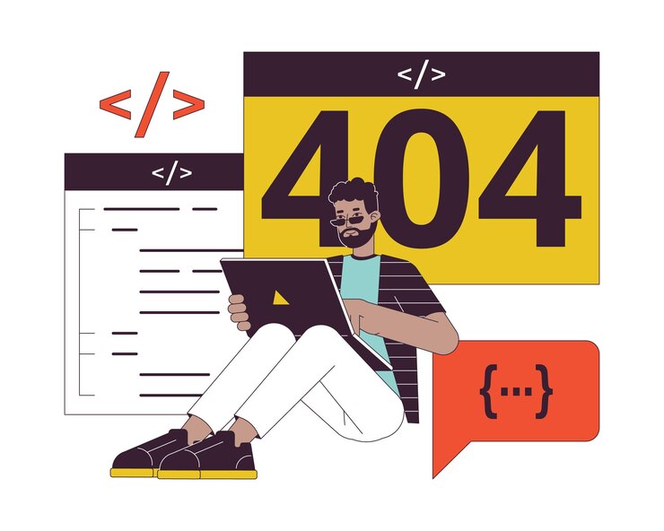 Vector developer website create error 404 flash message african american programmer working empty state ui design page not found popup cartoon image vector flat illustration concept on white background