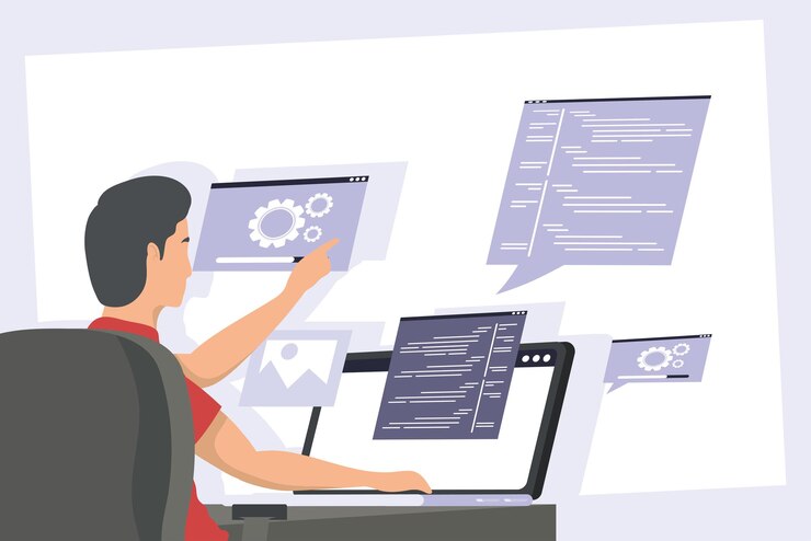 Vector developer working in laptop