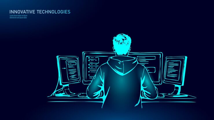 Вектор разработчик работает на компьютерах с обратным видом программист кодирует его бизнес-программное обеспечение разработка черных линий